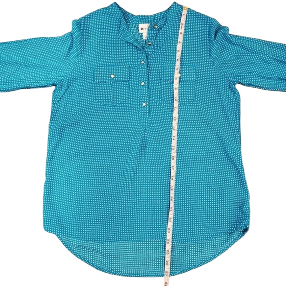 Stylus Blouse Women Size Small Blue White Polka Dot Pearl Button Long Sleeve Top - Picture 6 of 9
